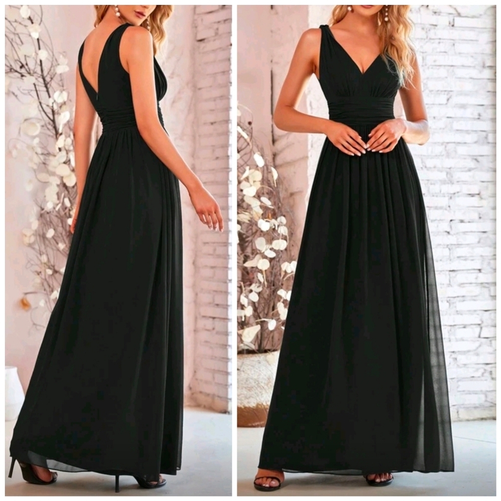 New Flowy Chiffon Pleated Waist V Neck Maxi Gown Dress Black